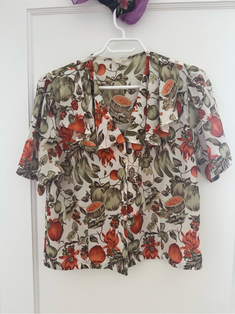 Vintage Floral Fruit Print Short Sleeve Blouse - Cream & Green